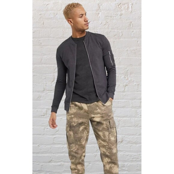 ASOS Design Gray Jersey Bomber Jacket Mens LG Full Zip MA-1 Pocket Minimalist - Picture 1 of 11